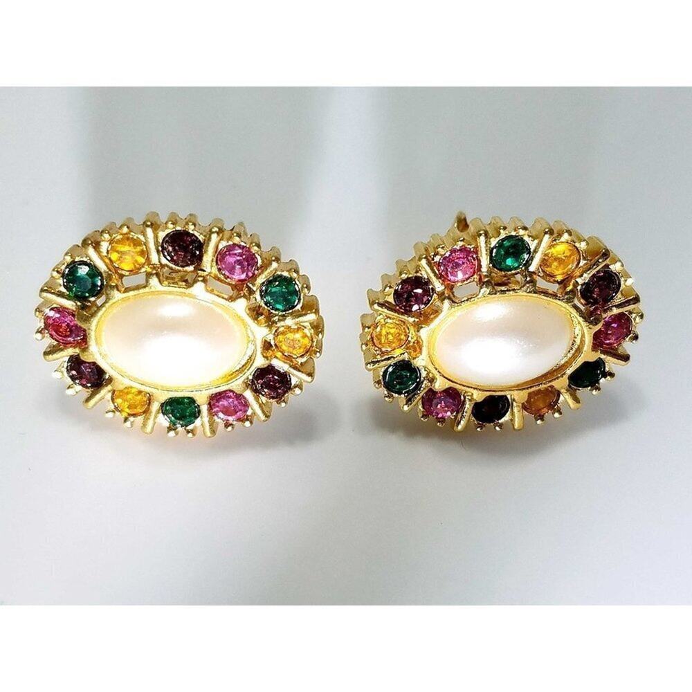 Vintage Multicolored Rhinestone Faux Pearl Earrings, Gold Plated, 1 Inch